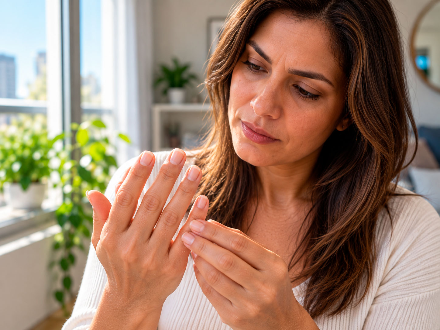 Mulher observando alterações no formato das unhas para identificar mudanças que precisam de avaliação