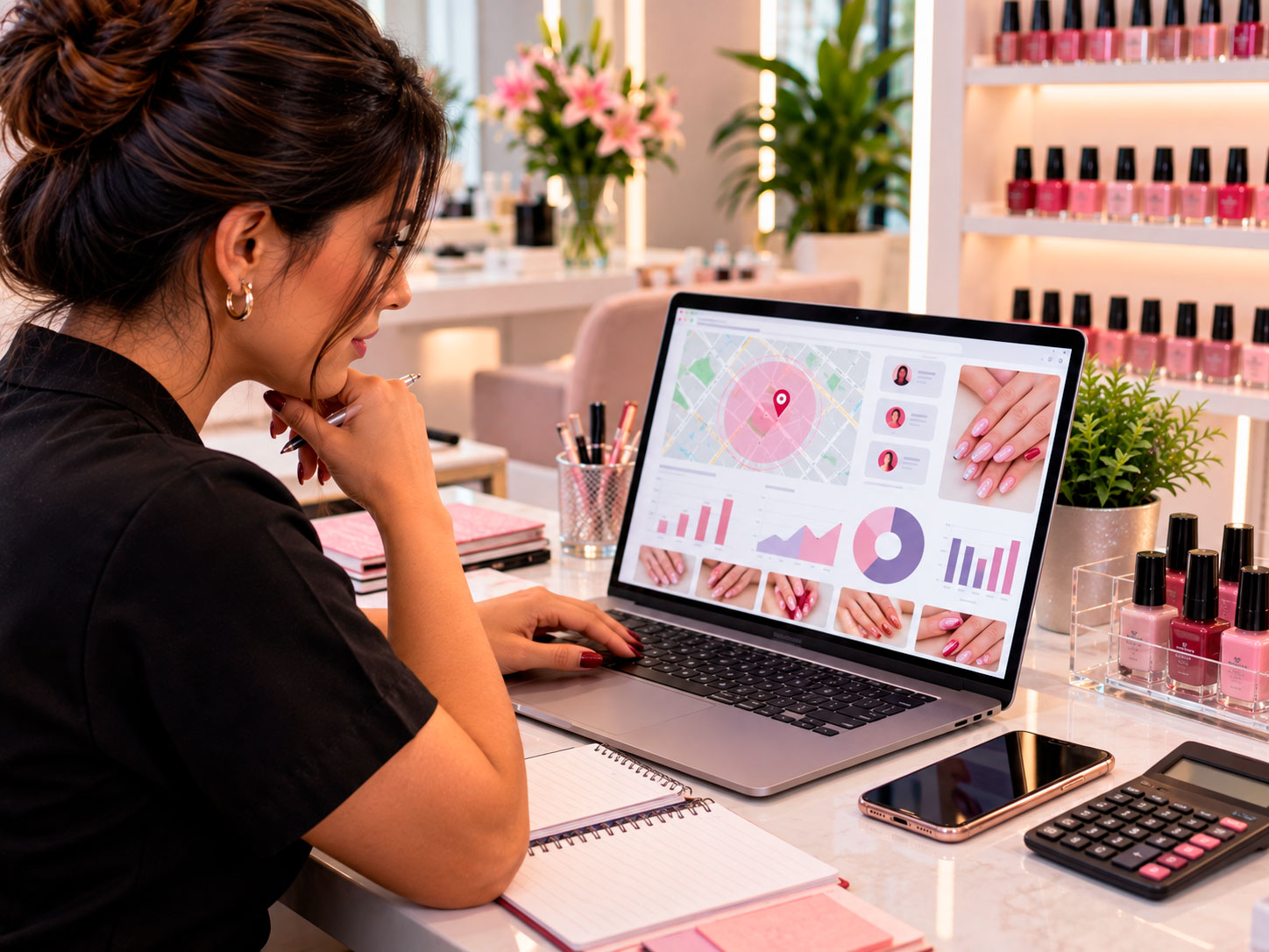 Manicure analisando anúncios digitais para conquistar clientes locais