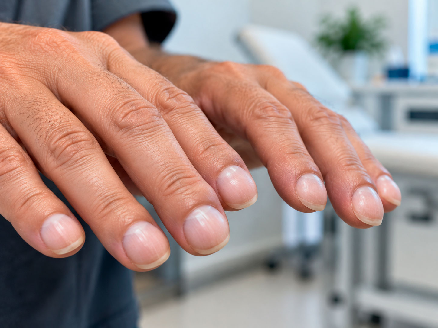 Baqueteamento digital com pontas dos dedos arredondadas e unhas curvadas para baixo