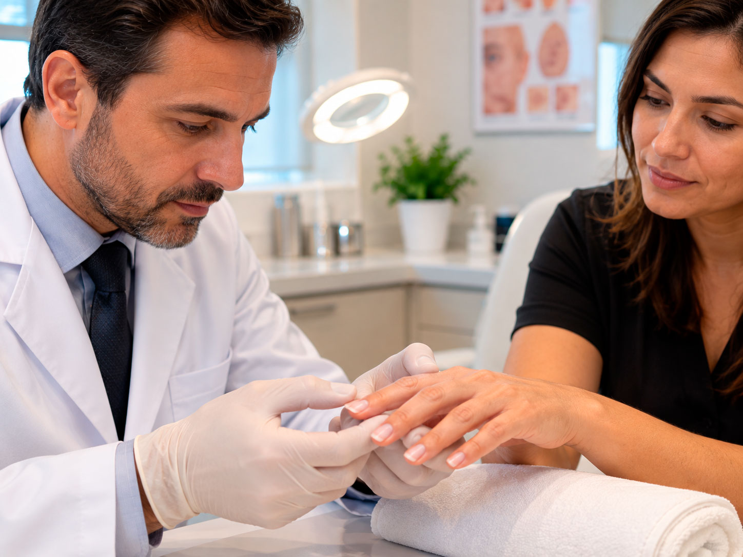 Dermatologista examinando unhas curvadas e pontas dos dedos durante consulta médica