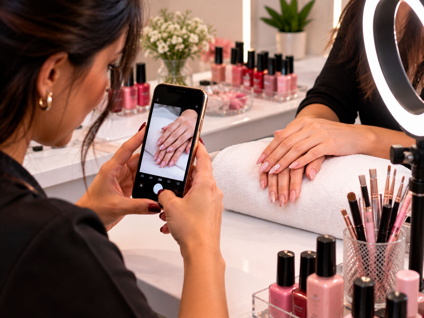 Manicure fotografando unhas para produzir conteúdo profissional