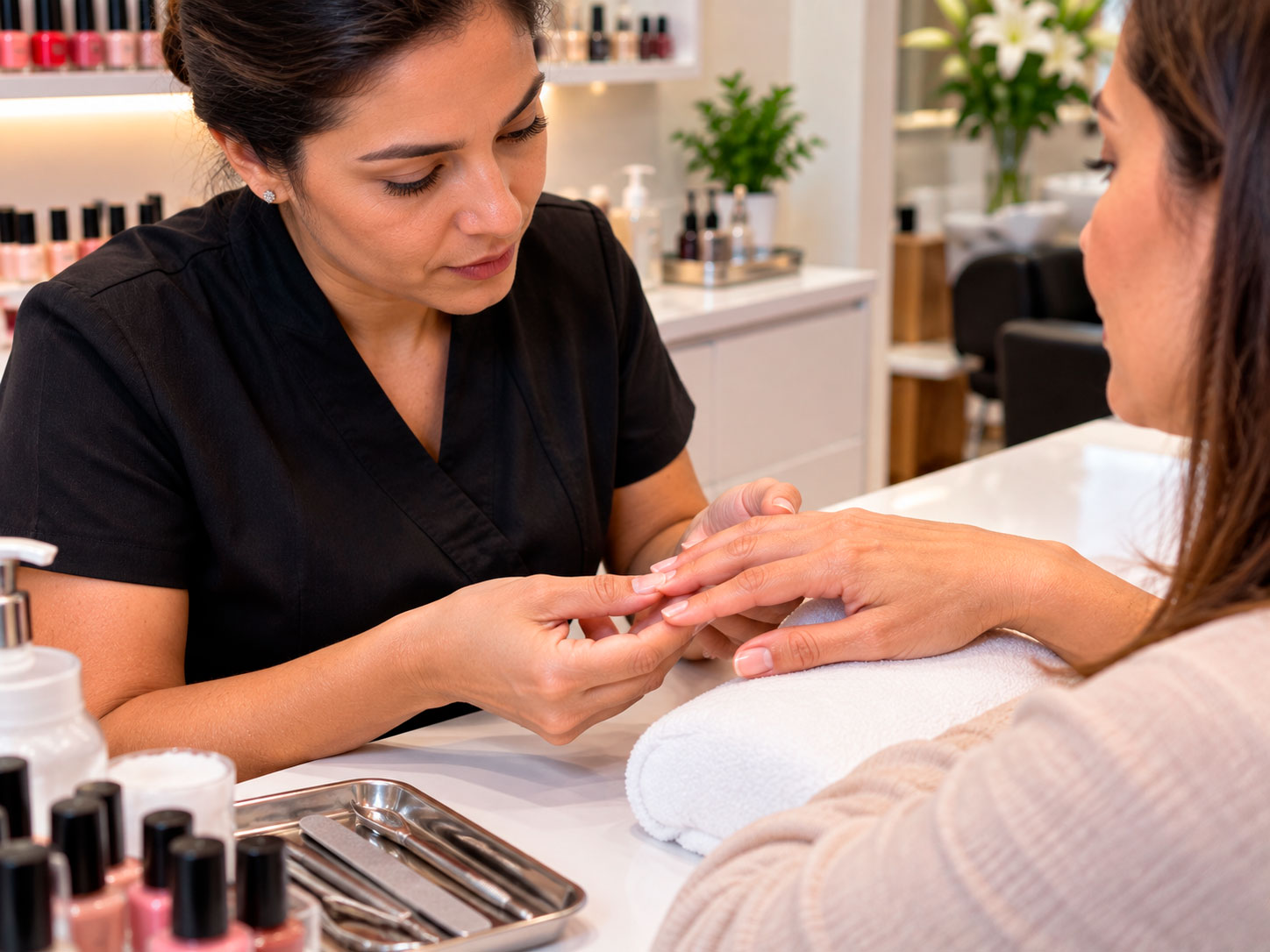Manicure observando alterações nas unhas naturais de uma cliente antes do atendimento