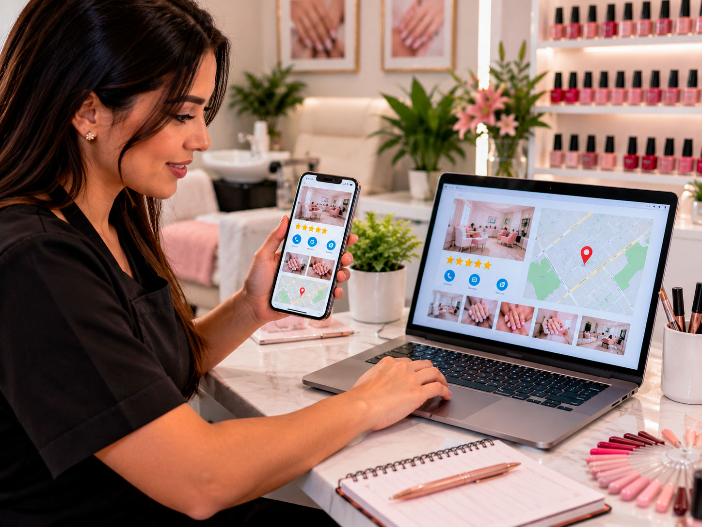 Manicure configurando perfil profissional para aparecer nas buscas locais