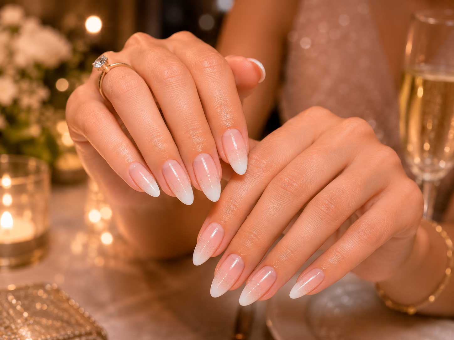 Unhas Baby Boomer com glitter discreto para festas