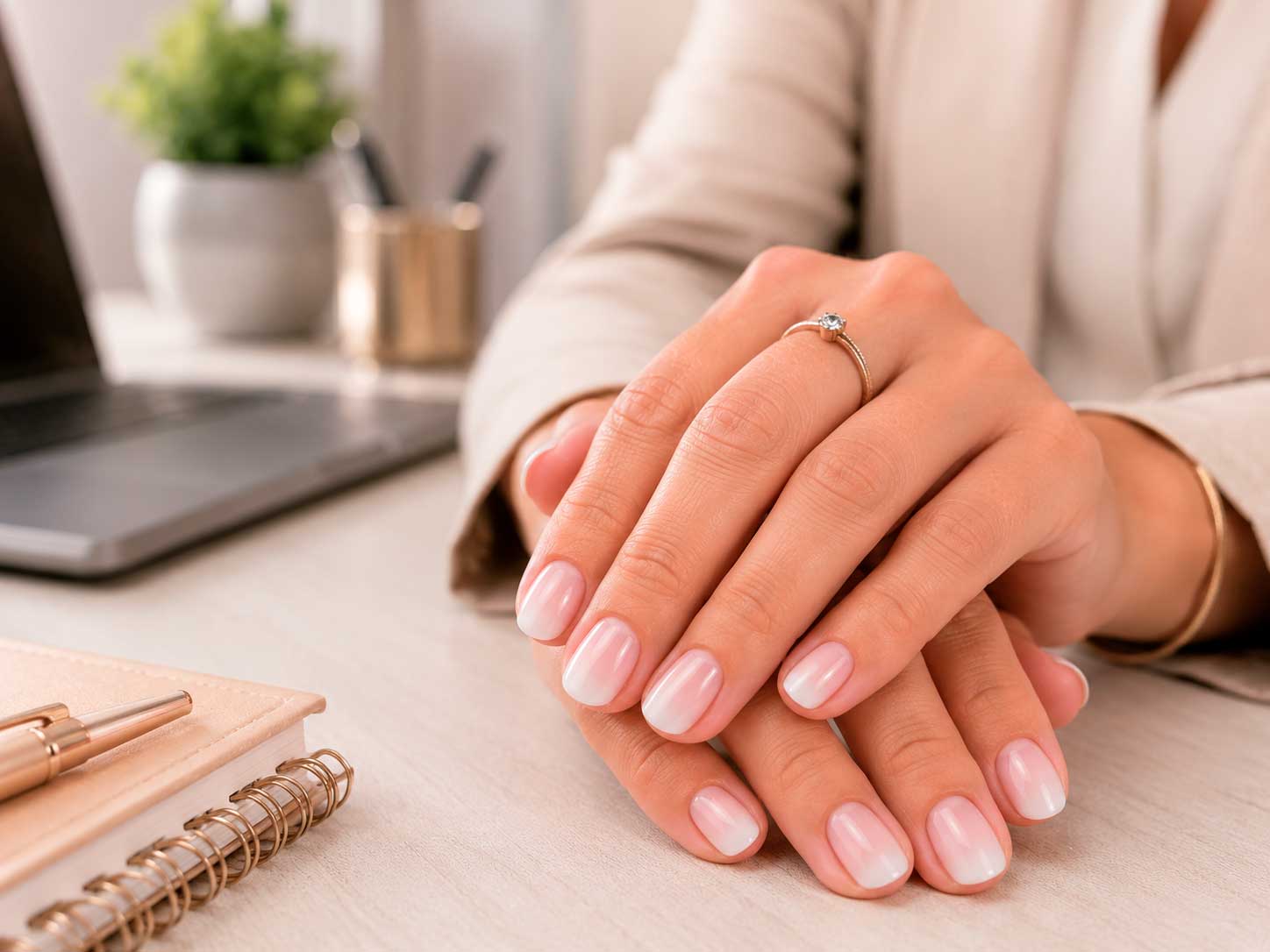 Unhas Baby Boomer curtas para o trabalho e dia a dia
