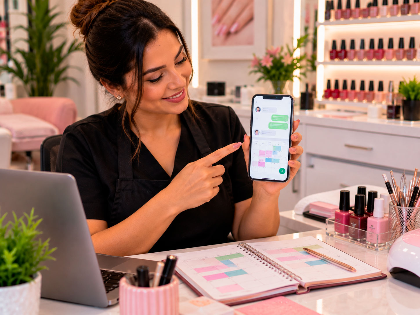 Manicure organizando atendimento e agendamentos pelo celular