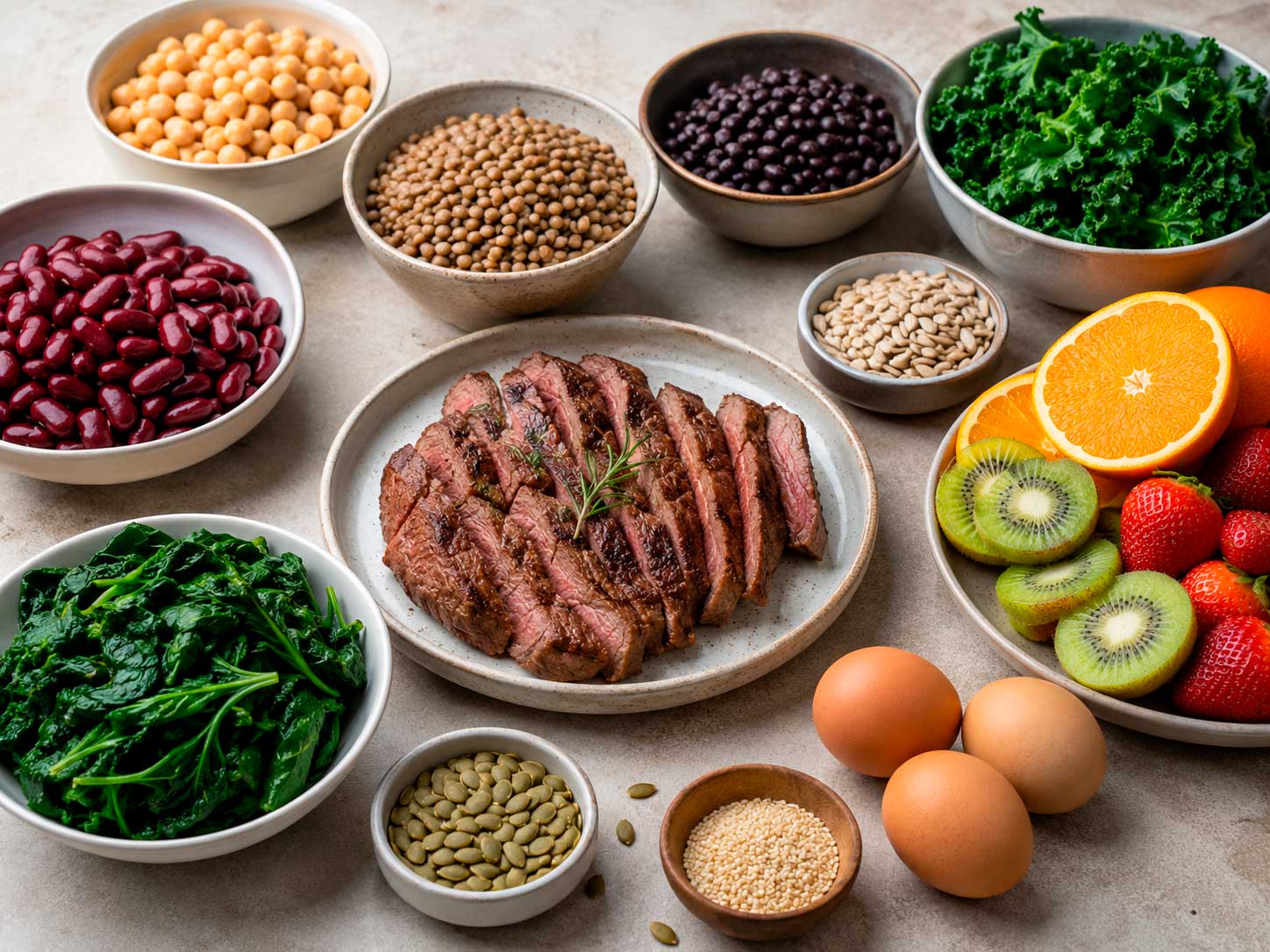 Alimentos fontes de ferro e vitamina C organizados sobre uma mesa