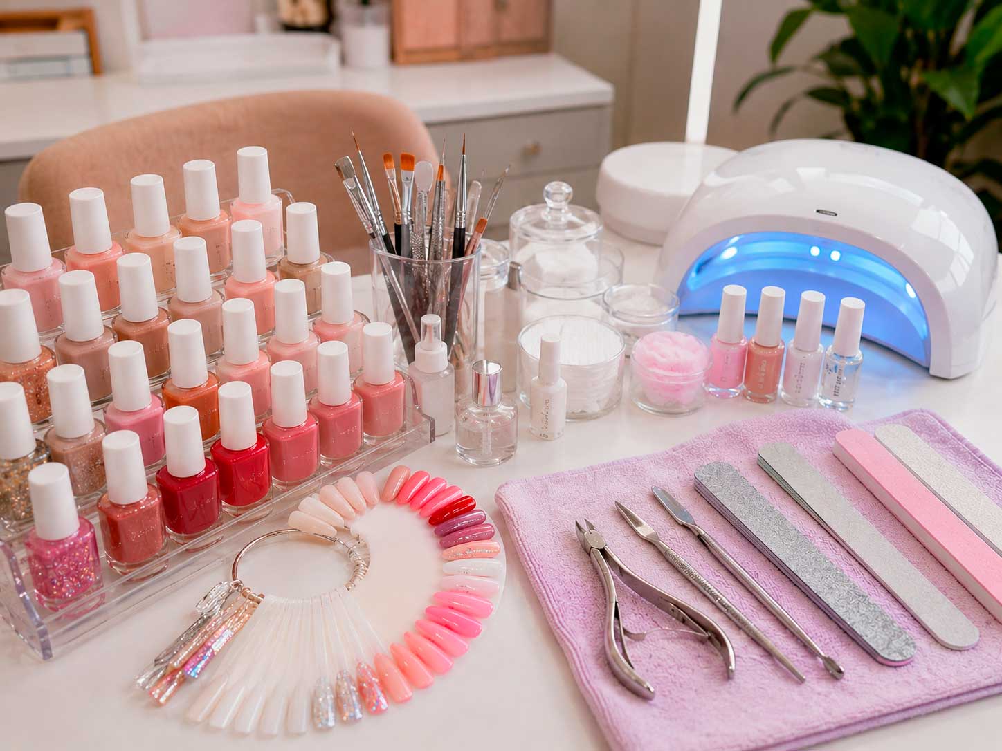 Bancada com esmaltes e materiais para manicure, unhas decoradas e nail designer