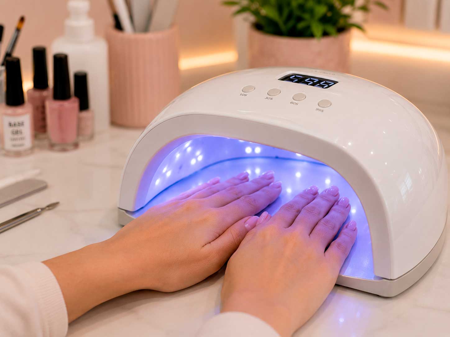 Alguns produtos precisam de cabine UV ou LED para secagem e cura. O uso deve seguir o tempo correto e as orientações da profissional
