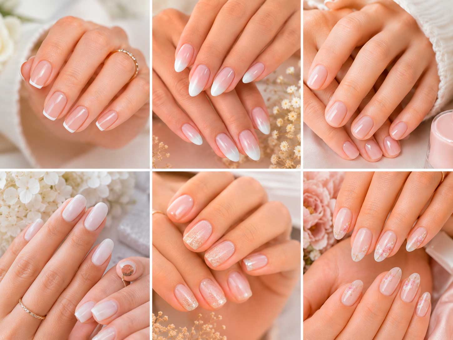 Inspirações de unhas claras decoradas com francesinha, baby boomer e flores