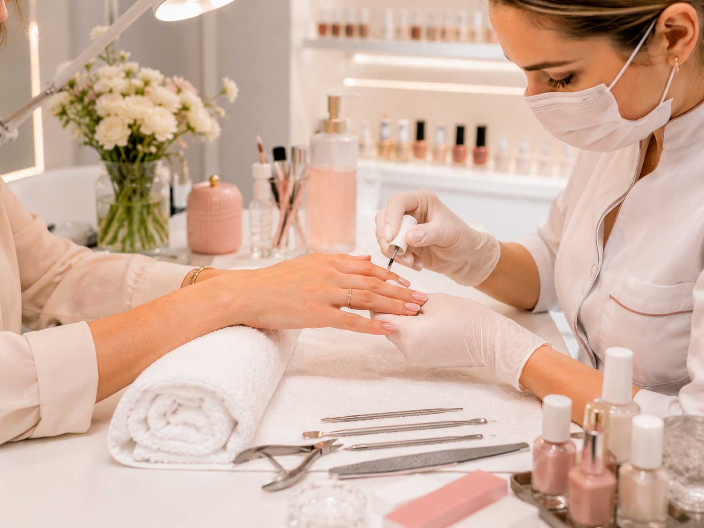 Profissional de manicure aplicando esmalte claro em cliente no salão