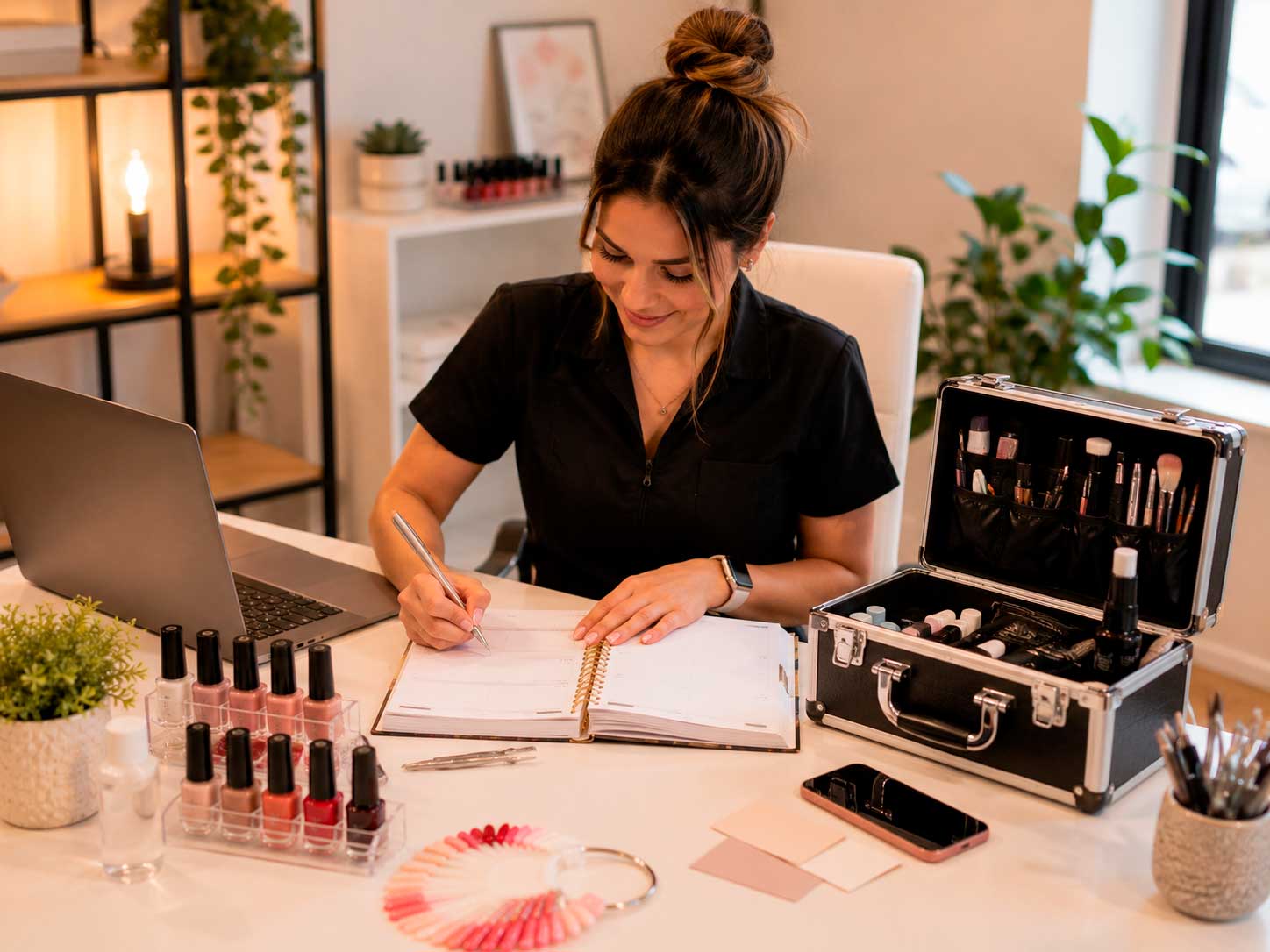 Profissional de manicure organizando agenda e cadastro para divulgar serviços online