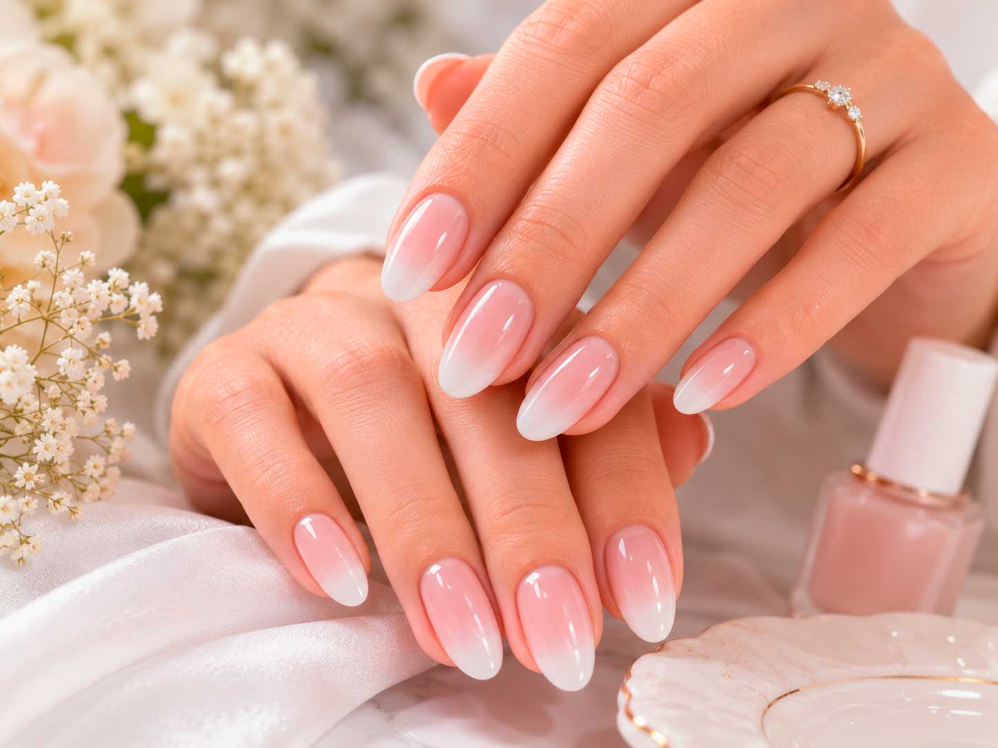 Unhas baby boomer com degradê suave em nude rosado e branco