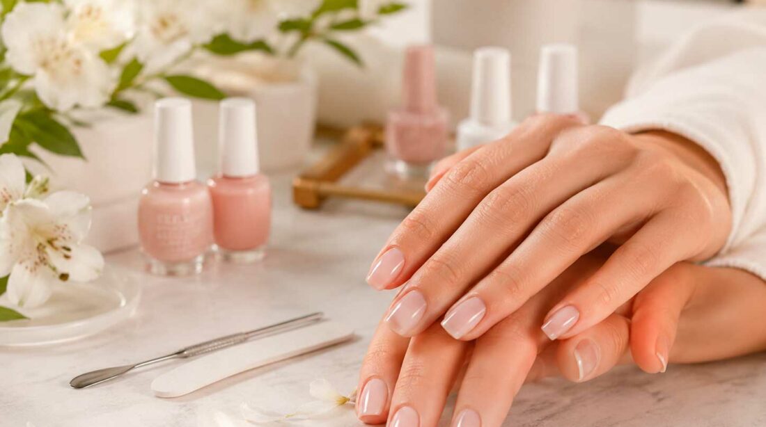 Unhas claras e delicadas com esmaltação nude rosada em ambiente elegante