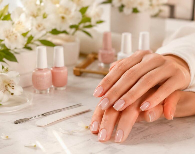 Unhas claras e delicadas com esmaltação nude rosada em ambiente elegante