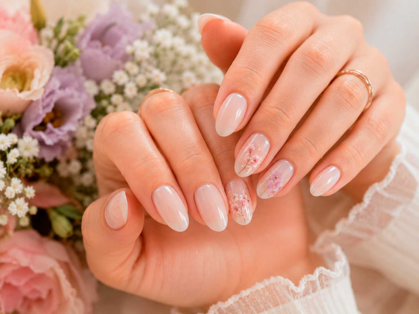 Unhas claras com flores delicadas em estilo romântico e feminino