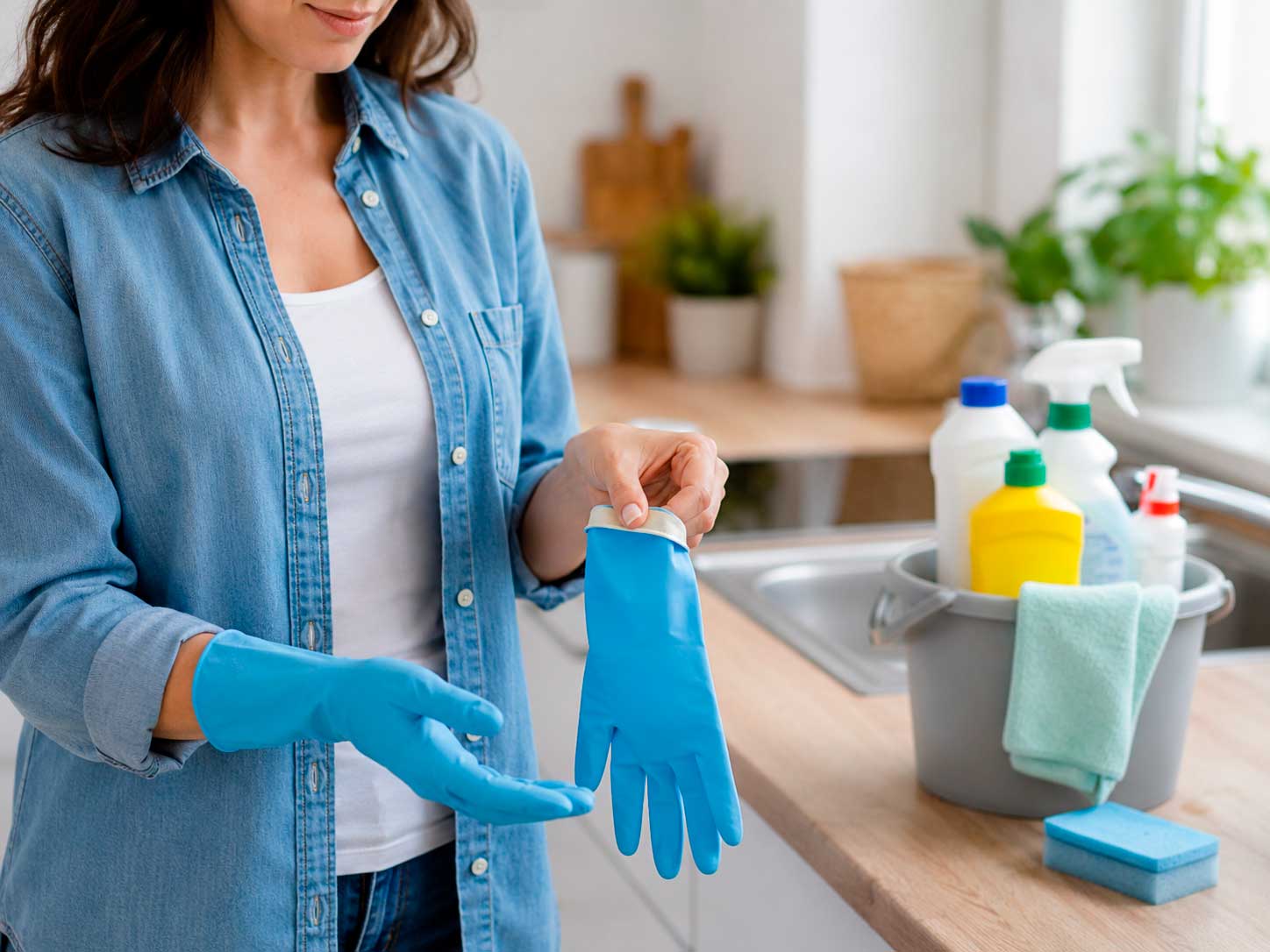 Uso de luvas para proteger as unhas do contato com produtos de limpeza