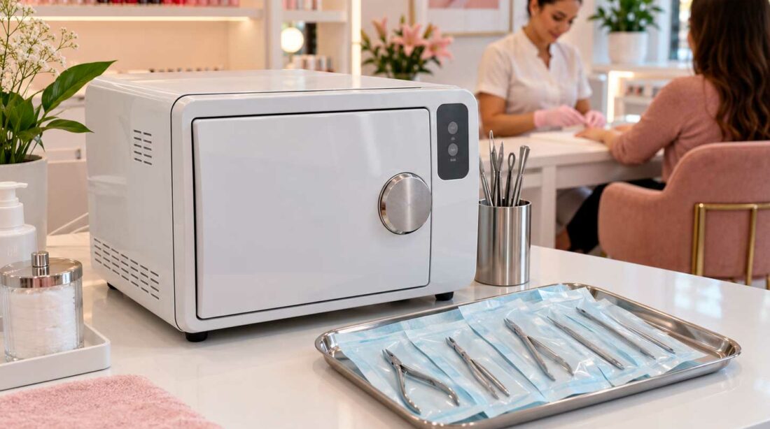 Autoclave para manicure com alicates embalados e esterilizados em salão de beleza