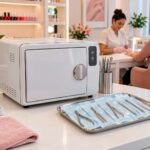 Autoclave para manicure com alicates embalados e esterilizados em salão de beleza