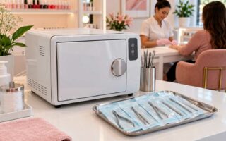 Autoclave para manicure com alicates embalados e esterilizados em salão de beleza