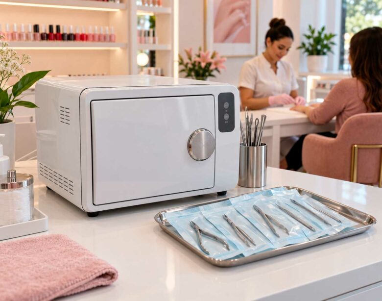 Autoclave para manicure com alicates embalados e esterilizados em salão de beleza
