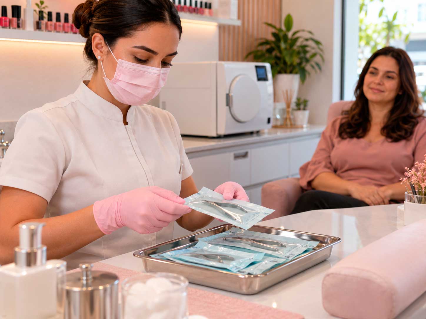 Manicure preparando instrumentos esterilizados antes de atender uma cliente