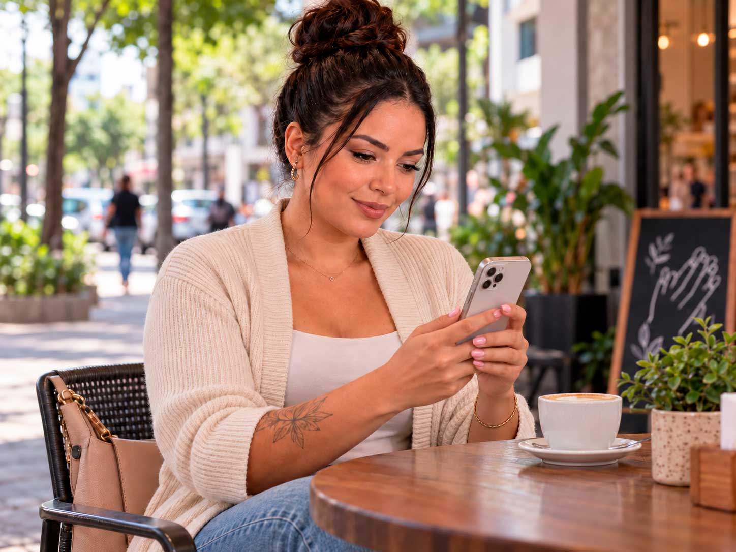 Cliente utilizando o celular para localizar uma manicure próxima de sua região