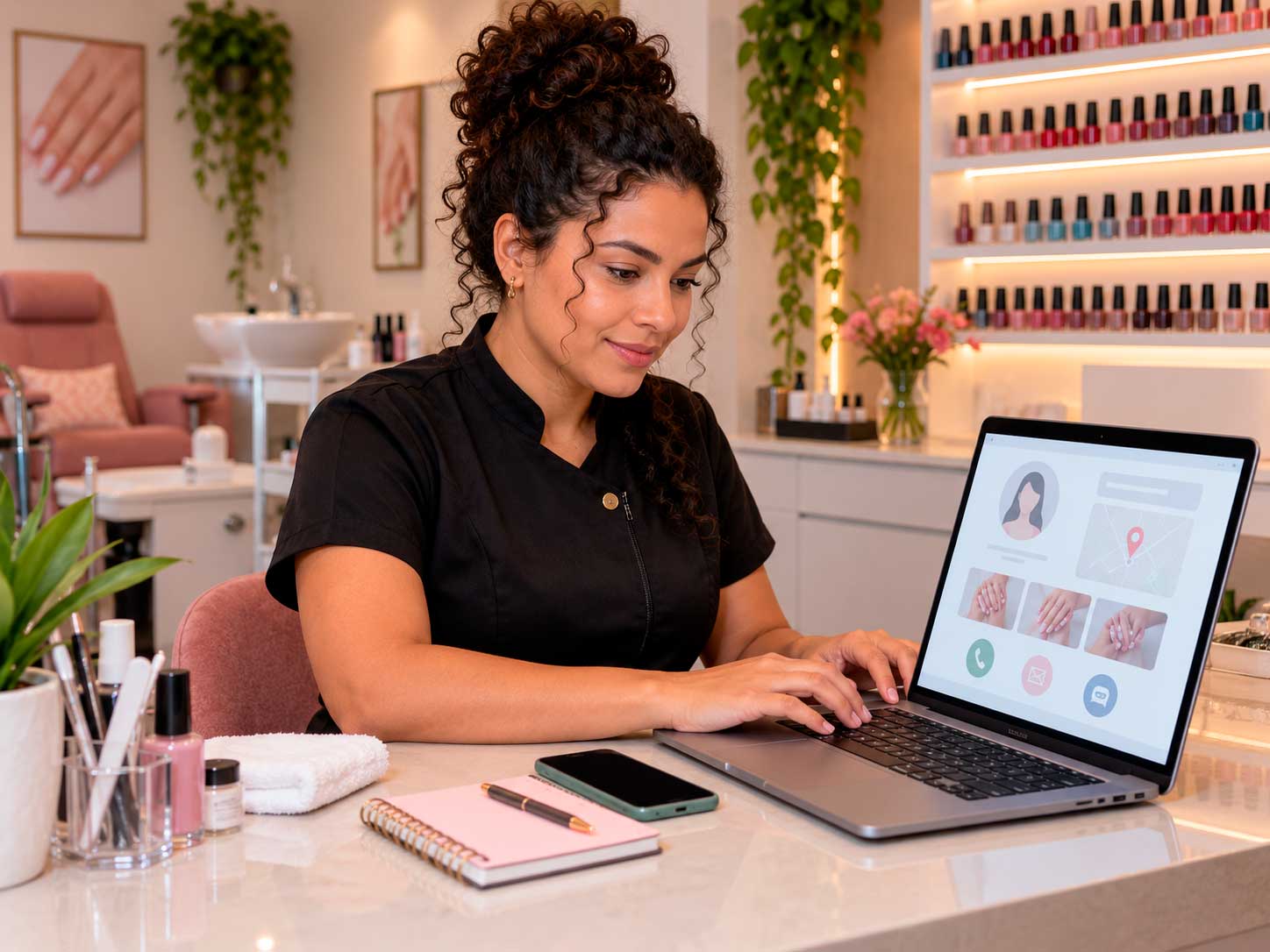 Manicure preenchendo seu cadastro profissional em uma plataforma de busca local