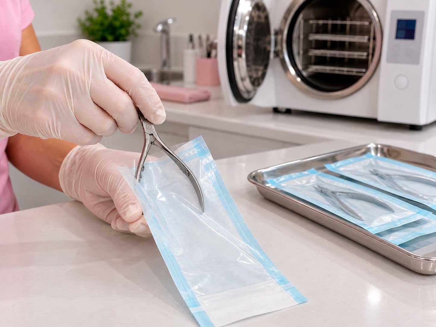 Alicate aberto sendo colocado em embalagem própria para esterilização em autoclave
