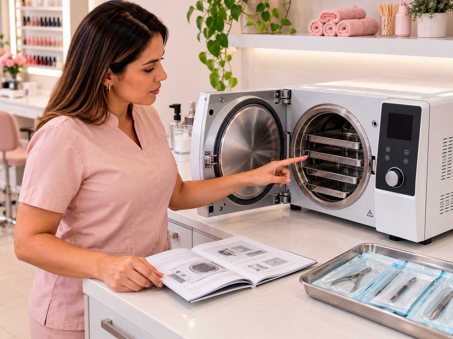Profissional avaliando capacidade e segurança de uma autoclave para manicure