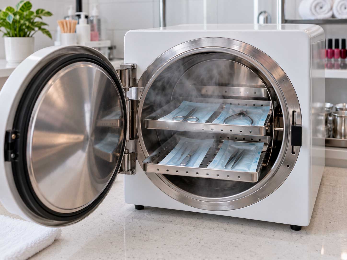 Interior de autoclave com instrumentos de manicure embalados para esterilização a vapor