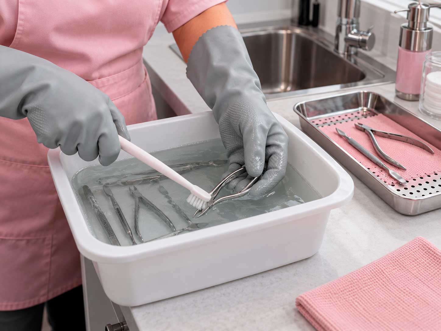 Limpeza rigorosa de alicates antes da esterilização na autoclave