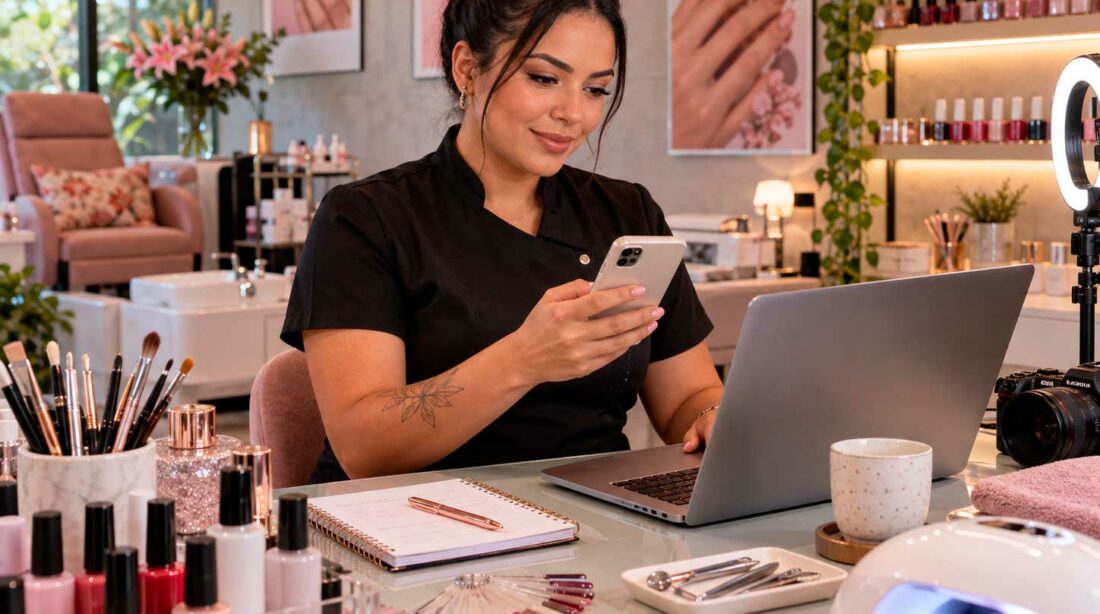 Manicure brasileira utilizando celular e computador para divulgar seus serviços na internet