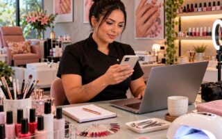 Manicure brasileira utilizando celular e computador para divulgar seus serviços na internet