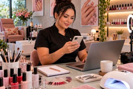 Manicure brasileira utilizando celular e computador para divulgar seus serviços na internet