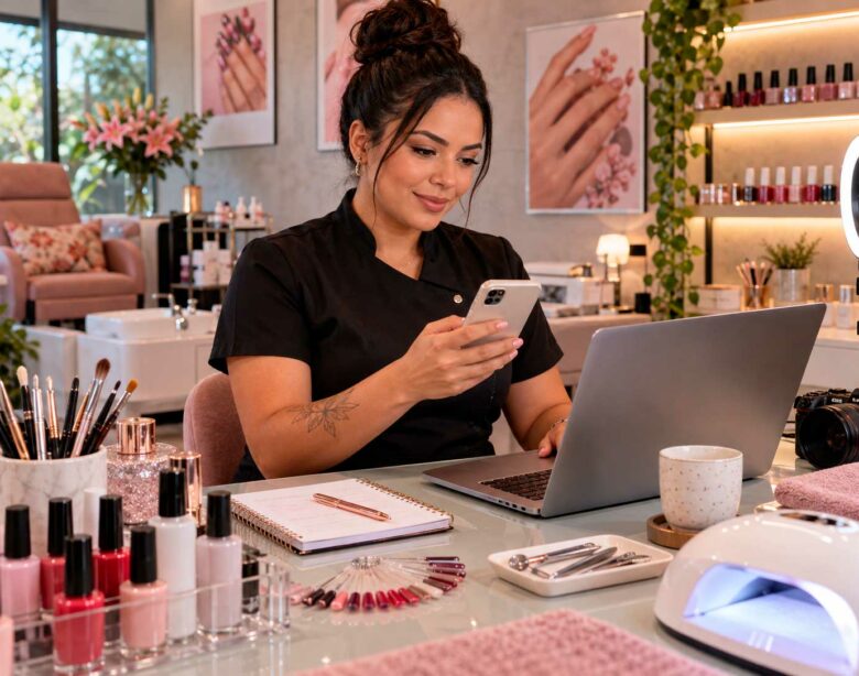 Manicure brasileira utilizando celular e computador para divulgar seus serviços na internet