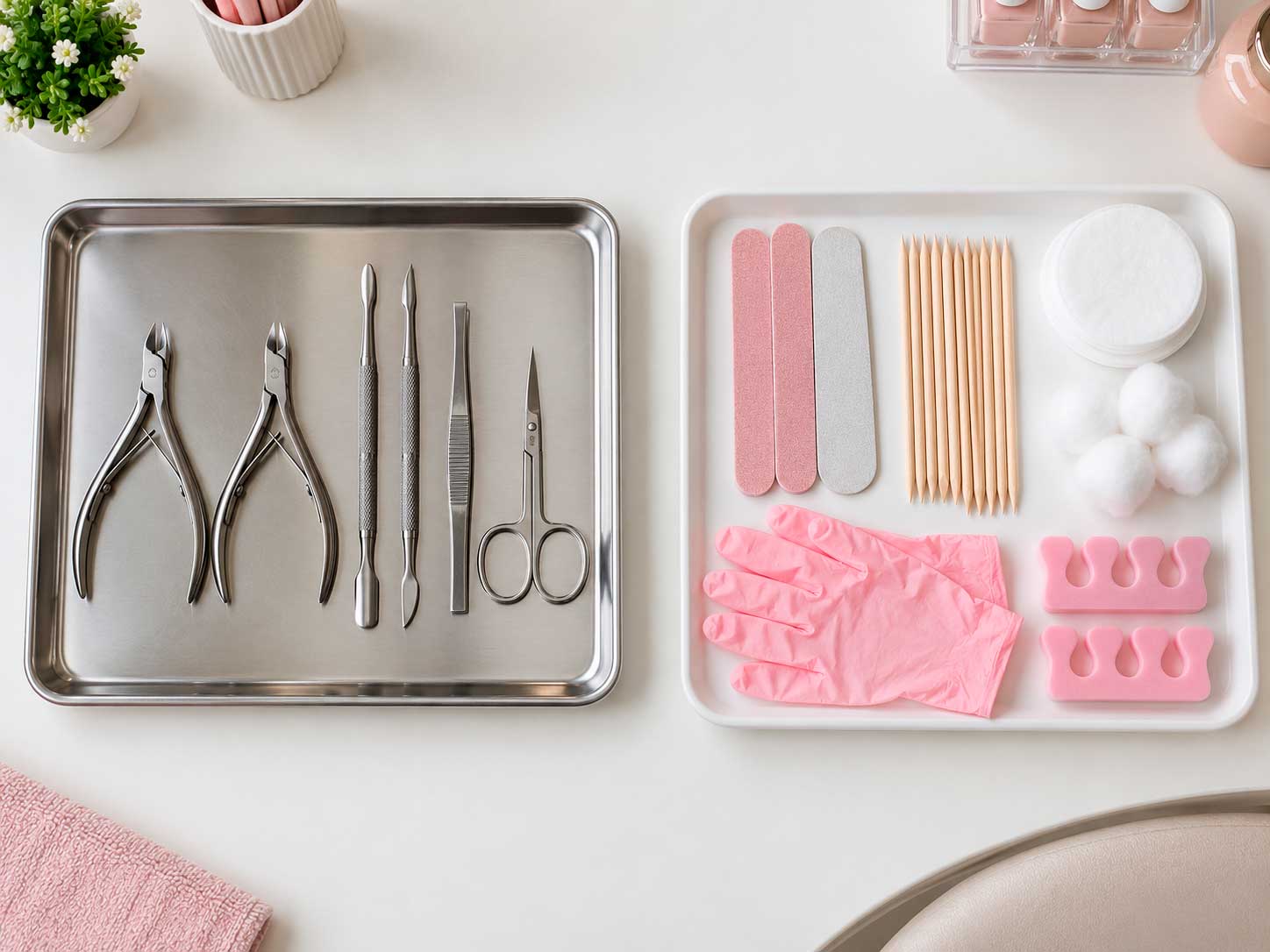 Instrumentos metálicos autoclaváveis e materiais descartáveis utilizados por manicures