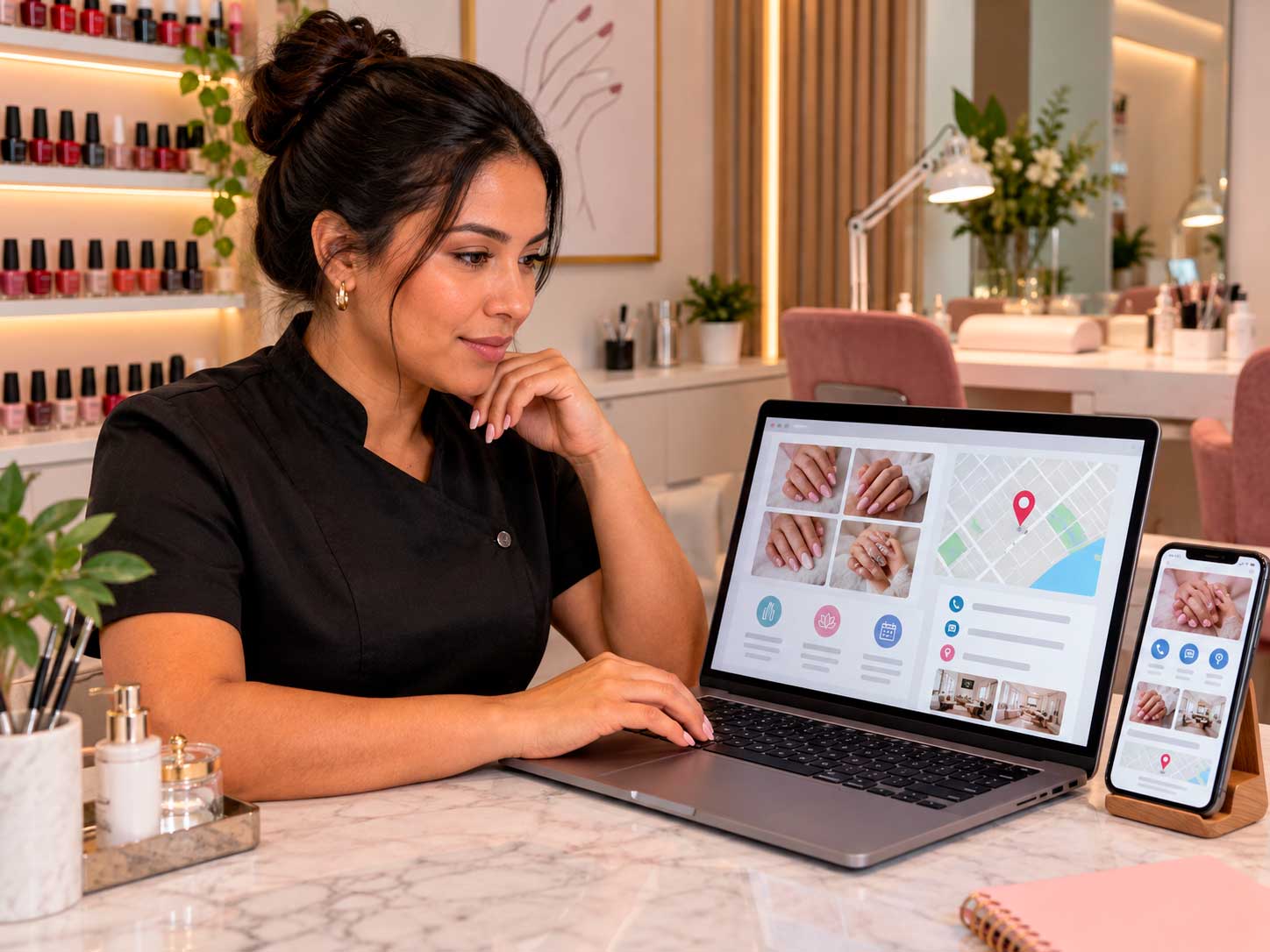 Manicure configurando informações de localização, serviços e horários em perfil empresarial
