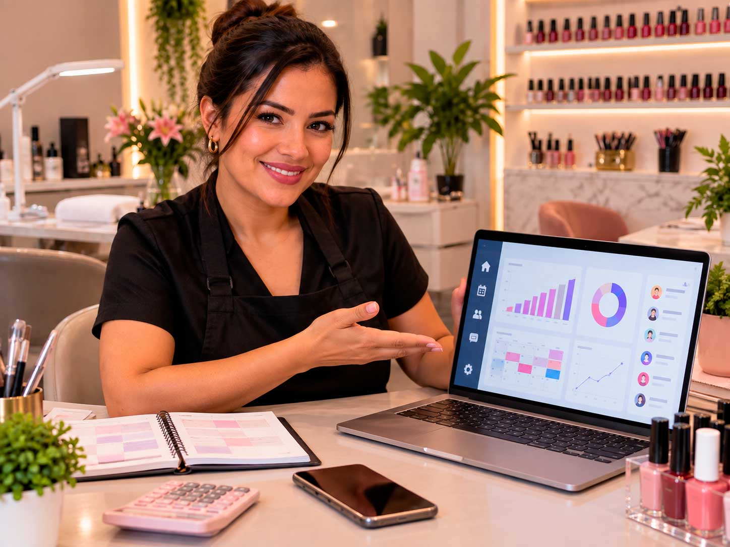 Manicure analisando contatos, agendamentos e resultados de divulgação no computador