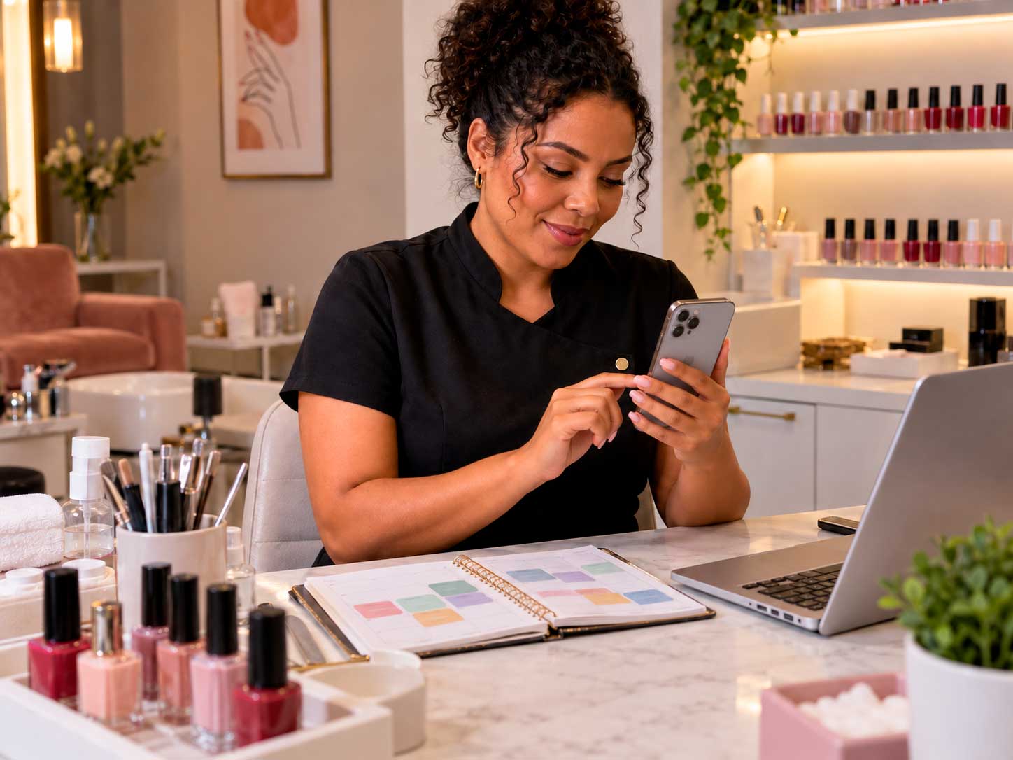 Manicure organizando mensagens e horários de clientes pelo celular