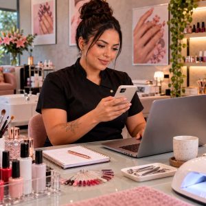 Manicure brasileira utilizando celular e computador para divulgar seus serviços na internet