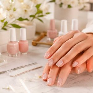 Unhas claras e delicadas com esmaltação nude rosada em ambiente elegante